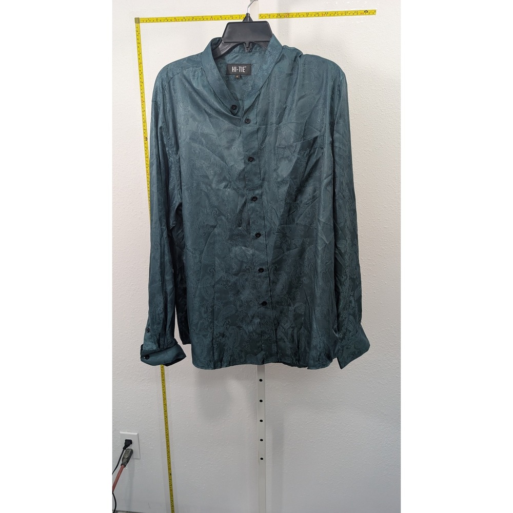 Hi-Tie Mens XL Teal Green Paisley Jacquard Mandarin Collar Button Down Shirt
